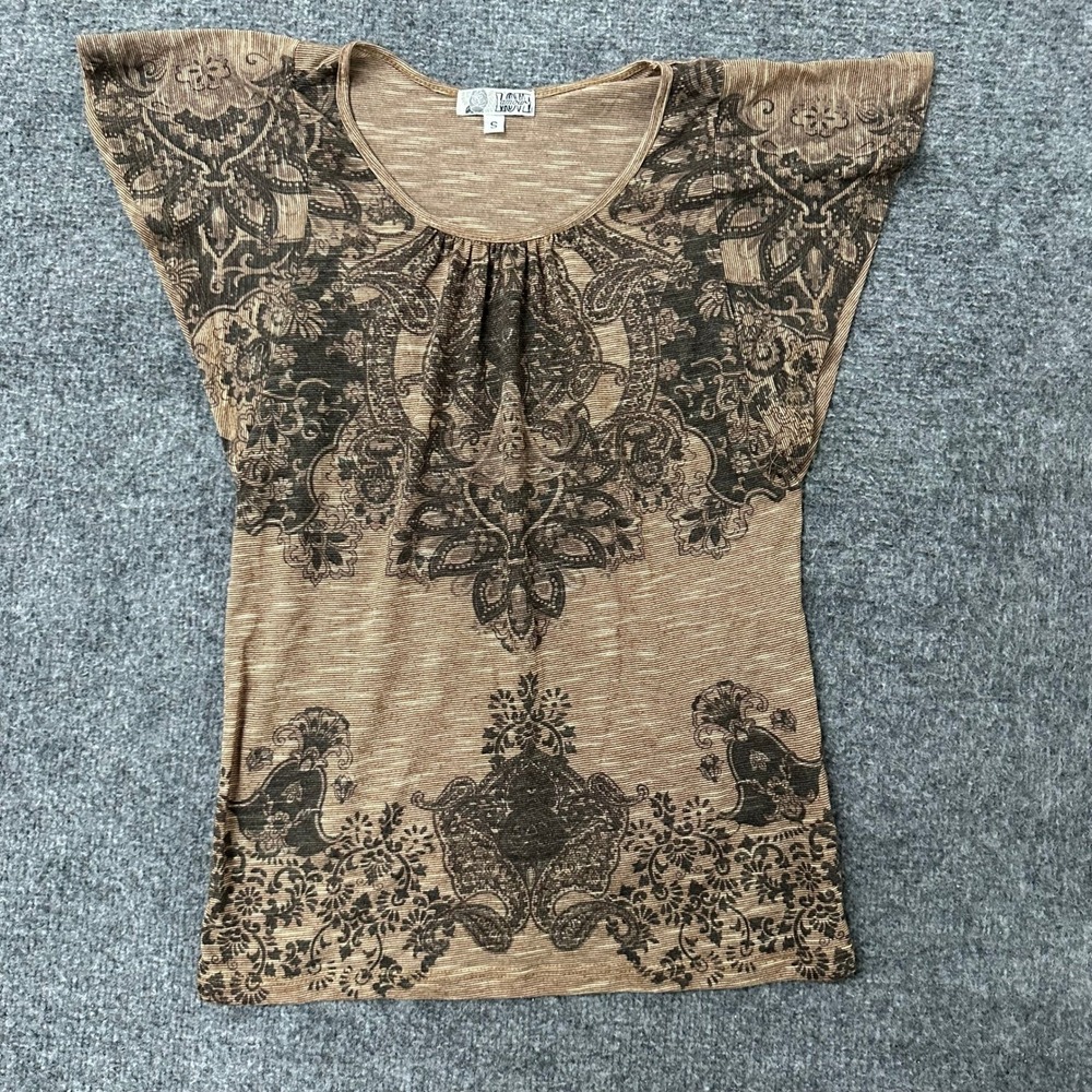Love Amour Blouse Womens Size S Brown Viscose Paisley Flutter Sleeve Scoop Neck